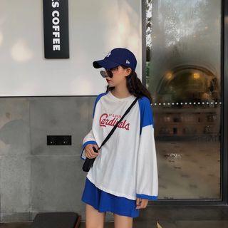 Color-block Letter Printed Long-sleeve T-shirt