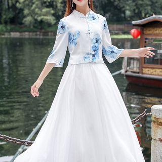 Flower Print Elbow-sleeve Hanfu Blouse / Chiffon Maxi A-line Skirt / Set