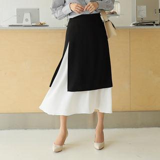 Band-waist Color-block Layered Skirt