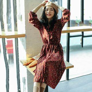 Long-sleeve Floral Chiffon Pleated Midi Dress