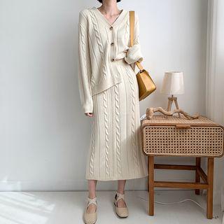 Set: Boxy Cable-knit Cardigan + Long Skirt