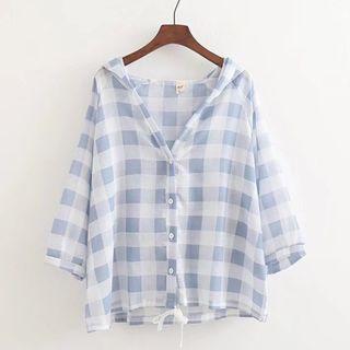 3/4-sleeve Button Plaid Hoodie