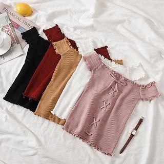 Off-shoulder Smocked Knit Top