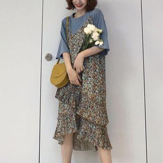 Elbow-sleeve T-shirt / Spaghetti Strap A-line Midi Dress