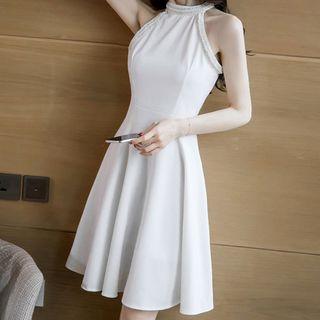 Halter-neck Faux Pearl A-line Dress