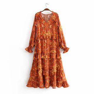 Bell-sleeve Print Layered Midi A-line Dress