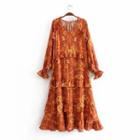 Bell-sleeve Print Layered Midi A-line Dress