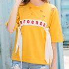 Ribbon Detail Lettering Ripped Elbow-sleeve T-shirt