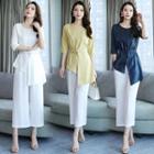 Set: 3/4-sleeve Asymmetric Chiffon Top + Cropped Wide-leg Pants