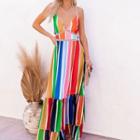 Spaghetti Strap Striped Tiered Maxi A-line Dress
