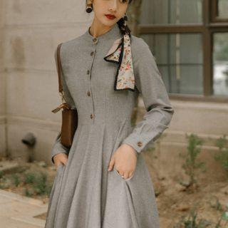 Buttoned Long-sleeve Maxi A-line Dress