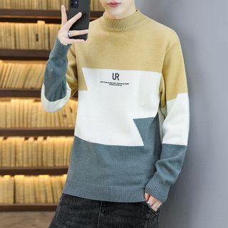 Mock-neck Color Block Lettering Knit Top
