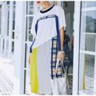 Elbow-sleeve Pattern Paneled Letter Strap Midi T-shirt Dress