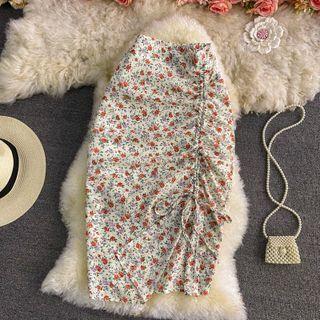 Drawstring Floral Print Pencil Skirt