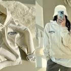 Fleece-lined Kangaroo Letter Hoodie Oatmeal - One Size