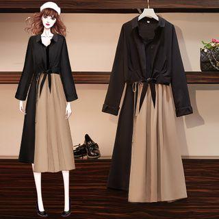 Set: Long-sleeve Shirt + Spaghetti Strap Midi A-line Dress