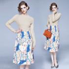 Set: Long-sleeve Knit Top + Printed Midi A-line Skirt