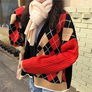 Color-block Argyle Patterned Cardigan