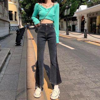 Mid Waist Patched Flared Jeans