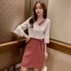 Set: Bell Sleeve V-neck Chiffon Top + Lace-up Mini A-line Skirt