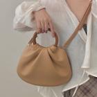 Wooden Handle Ruched Faux Leather Crossbody Bag Khaki - One Size