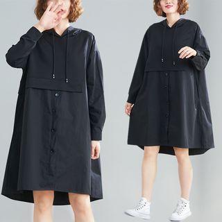 Plain Hooded Asymmetrical Medium Maxi Dress Black - F