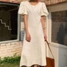 Embroidered Crewneck Puff Sleeve Dress White - One Size