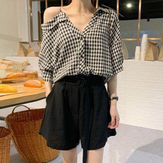 Asymmetric Cold-shoulder Gingham Blouse / Wide Leg Shorts