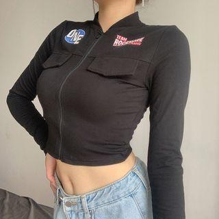 Long-sleeve Lettering Print Zip Crop Top