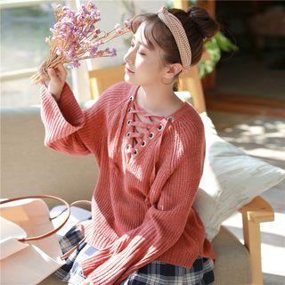 Wide Long-sleeve Lace-up Rib Knit Sweater