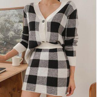 Set: Gingham Cardigan + Mini A-line Skirt Plaid - Black & White - One Size
