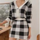 Set: Gingham Cardigan + Mini A-line Skirt Plaid - Black & White - One Size
