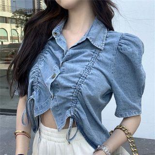 Drawstring Ruched Puff-sleeve Cropped Denim Blouse