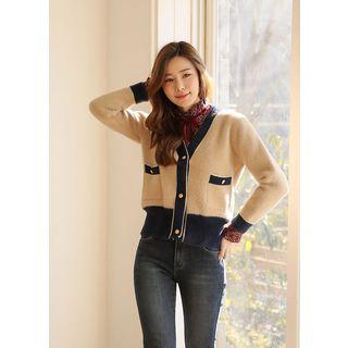 V-neck Contrast-trim Furry Cardigan