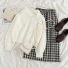 Irregular Sweater / Check Midi Skirt