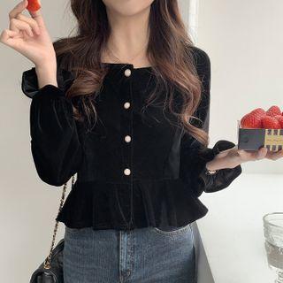 Square-neck Plain Velvet Long-sleeve Shirt