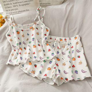 Set: Fruit-print Camisole + Drawcord Shorts White - One Size