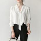 Long-sleeve V-neck Plain Lace-up Shirt