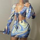 Set: Tie-front Long-sleeve Crop Top + Print Mini Pencil Skirt