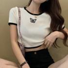 Butterfly Embroidered Contrast Trim Short-sleeve Knit Cropped Top White - One Size
