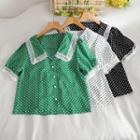 Short-sleeve Collared Dotted Lace Trim Blouse