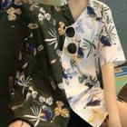 Elbow-sleeve Tropical Print Color Block Shirt