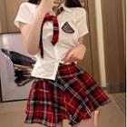 Set: Embroidered Short-sleeve Shirt + Plaid Mini A-line Skirt