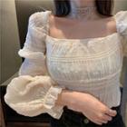 Square Neck Puff-sleeve Shirred Blouse As Shown In Figure - One Size