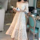 Off Shoulder Elbow-sleeve Midi A-line Lace Dress