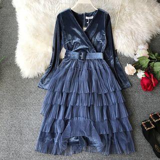 V-neck Long-sleeve A-line Tiered Dress