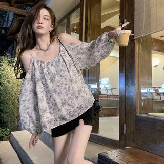 Cold-shoulder Floral Blouse Gray Floral - White - One Size