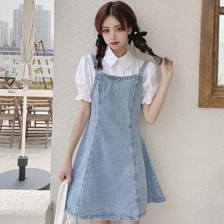 Mock Two-piece Puff-sleeve Mini Denim A-line Dress
