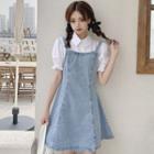 Mock Two-piece Puff-sleeve Mini Denim A-line Dress