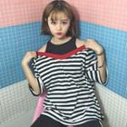 Mock Two Piece Cut Out Shoulder Striped 3/4 Sleeve Top